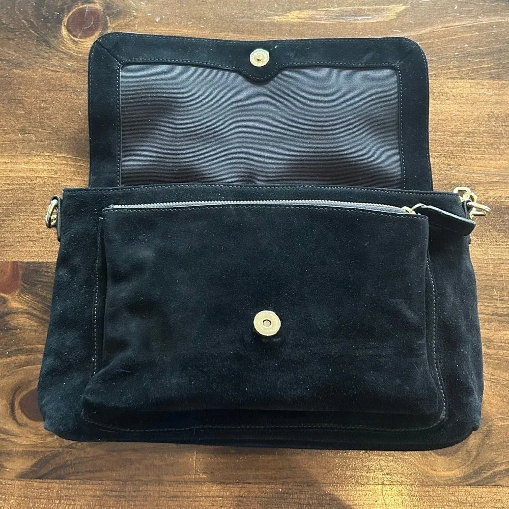 Talbots Suede Shoulder Bag Womens Small Black Studded‎ Gold Chain Strap Purse